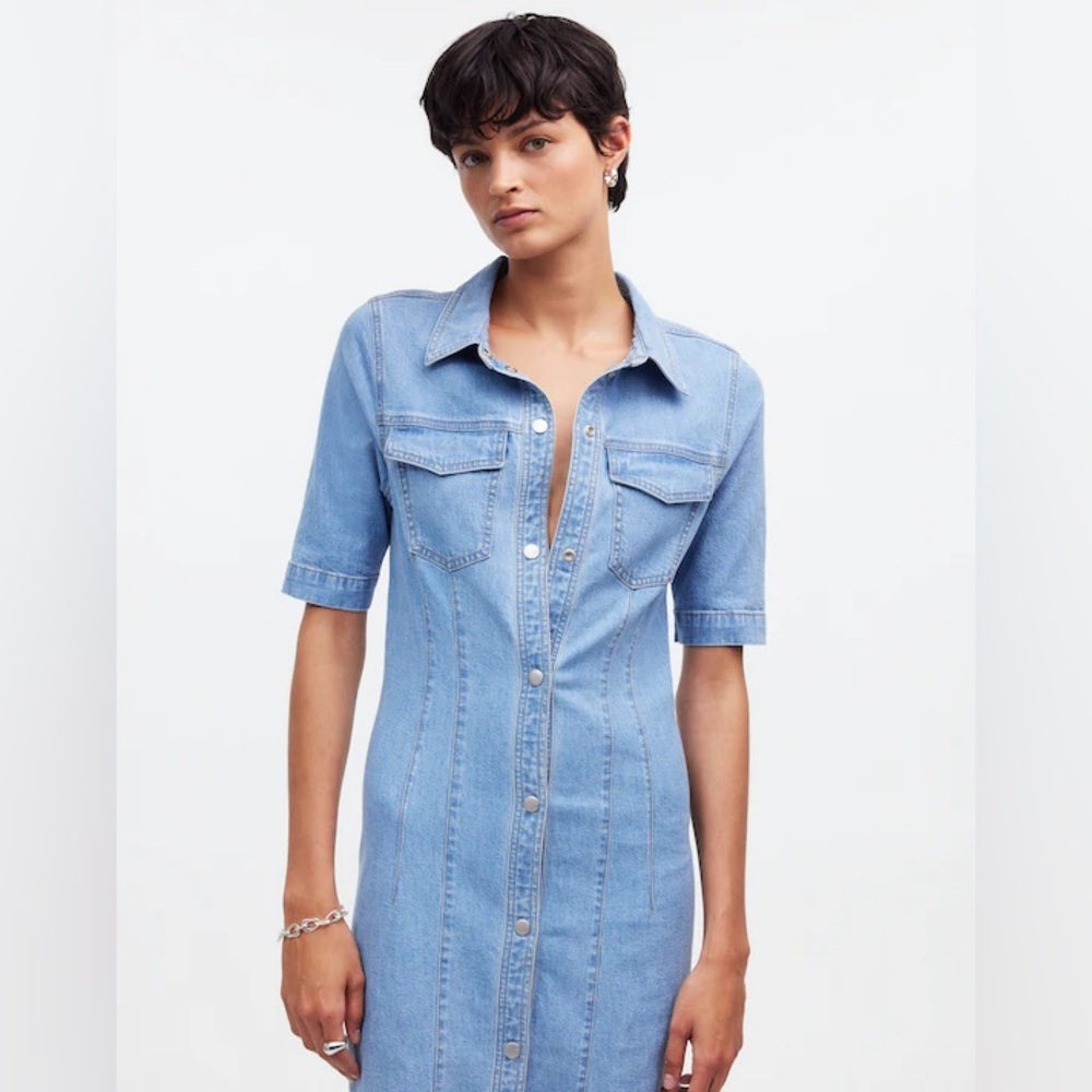 Madewell Denim Seamed Mini Shirtdress in Palermo Wash Light Blue Dress Casual - Picture 11 of 14